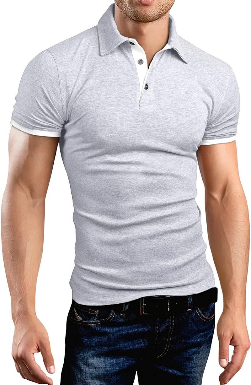 KUYIGO Men's Perfect Slim Fit Shirts Short Sleeve Soft Fitted Polo Shirt Large Light Grey - Image 1